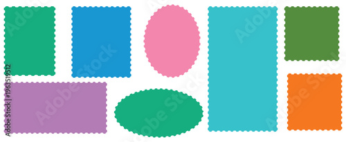 Vector set colorful zigzag wavy edge frames. Different set of frames with zigzag edge, scallop edge shape. Rectangular, oval round scalloped frames.