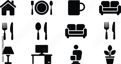 Home and lifestyle icons set featuring house, furniture, tableware, workspace and plant symbols, solid black vector collection for interior, living and daily activity design