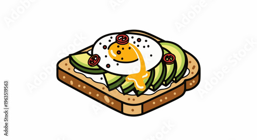 Isometric illustration of toast with avocado slices, fried egg, and tomato