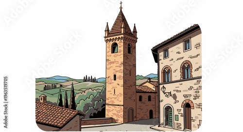 Italian village scene with bell tower, buildings, and rolling hills