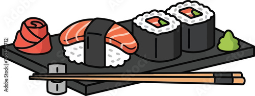 Sushi platter with nigiri, maki rolls, wasabi, and ginger for japanese cuisine, japanese food