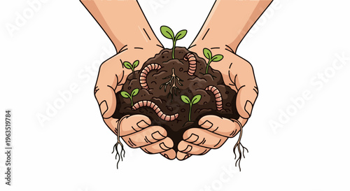 Hands cupping rich soil, nurturing tiny seedlings and earthworms