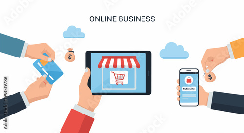 Hands engage in online transactions, paying with cards and coins for digital purchases