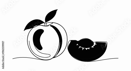 Black and white illustration of a whole peach and a sliced peach