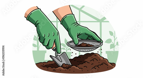 Hands in green gloves sifting soil with a sieve and trowel