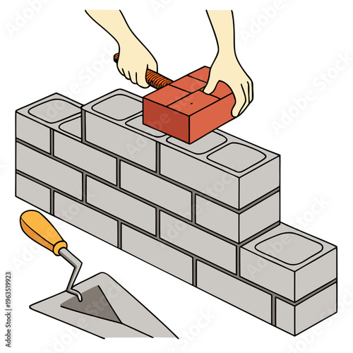 Clean Vector Illustration of Hands Placing Red Brick on Concrete Wall with Trowel - Construction Masonry