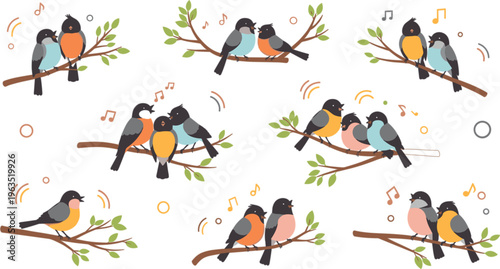 Cute birds singing on branches cartoon set with musical notes nature illustration collection