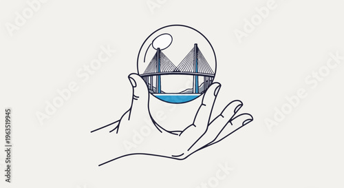 Hand holding a crystal ball containing a suspension bridge and water