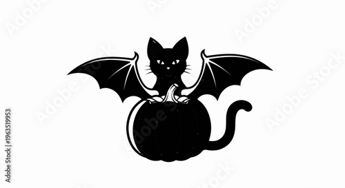 Black bat-winged cat sits atop a Halloween pumpkin