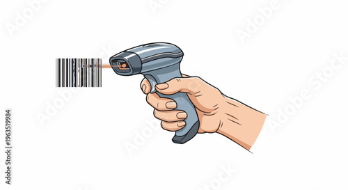 Hand holding a scanner to read a barcode with a red laser beam