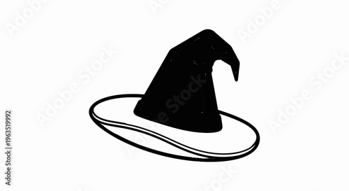 Black pointy witch hat with a wide brim on a white background