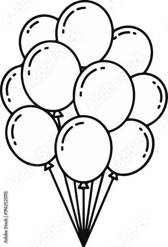 Bunch of round balloons tied together by strings, line art