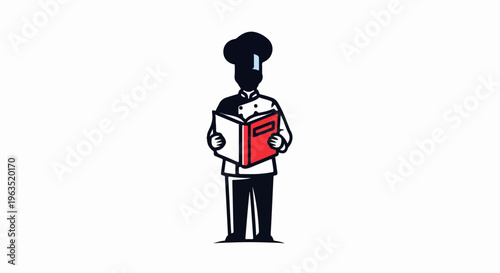 Chef in uniform studies a cookbook, black and red illustration on white