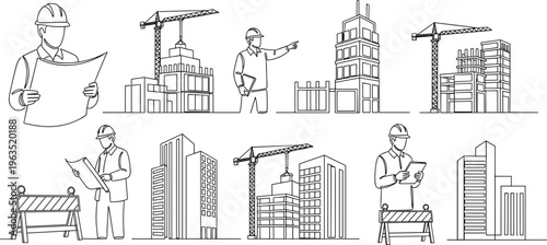 Construction site engineering icons set with architect engineer building crane and skyscraper continuous line art vector illustration