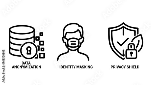Data anonymization identity masking and privacy shield security icons set featuring a database server lock symbol masked person silhouette and a protective shield with a padlock icon for web safety