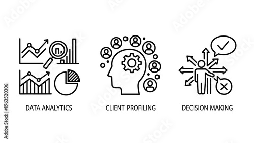 Strategic business analytics icon set for data analysis client profiling and decision making processes in professional corporate environments and marketing research