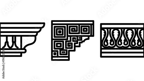 Ancient architectural decorative border patterns and cornice elements set in black and white line art featuring greek fret meander motifs and classical ornate leaf scroll design details for decor