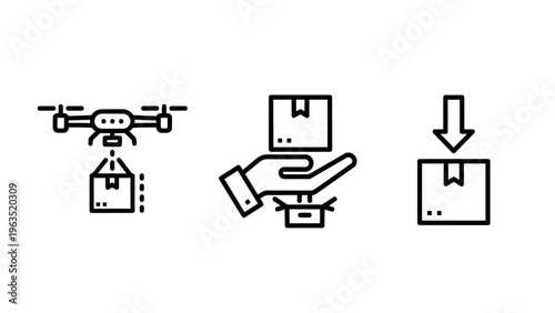 Logistics and modern delivery icons featuring an autonomous drone carrying a package hands holding a cardboard box and a shipping carton with a downward arrow for direct delivery service commerce