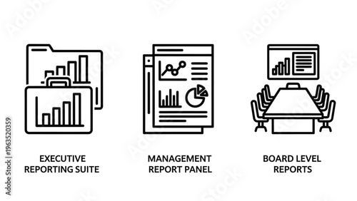 Professional business reporting icons including an executive reporting suite folder, a management report data panel with charts, and a board level reports boardroom meeting table graphic icons