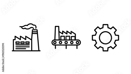 Manufacturing and industrial icon set showing a factory building, production line, and gear