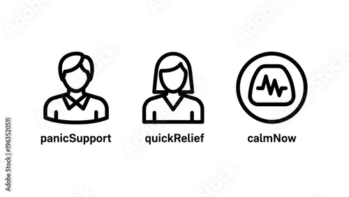 Mental health and stress relief icon set featuring panic support, quick relief and calm now symbols with male and female avatars, concept for psychological wellness and anxiety management resources