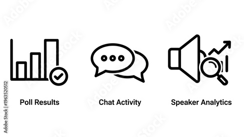 Business and marketing icon set featuring poll results chat activity and speaker analytics in a modern minimalist outline style on a white background for digital reports and corporate presentation des