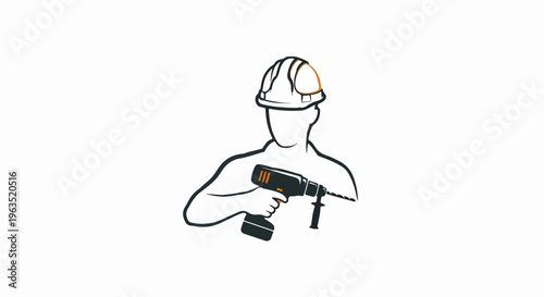 Minimalist outline of person in hard hat holding a power drill
