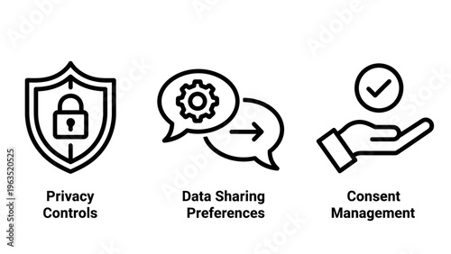 Privacy and data security icon set including shield with padlock speech bubbles with gear and hand with check mark for website user consent management and data protection policy graphical assets