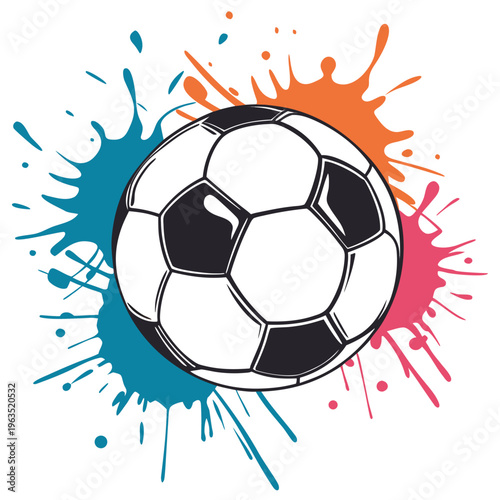 Vibrant soccer ball with colorful paint splatter effects around it