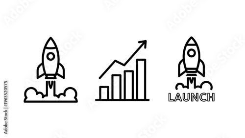 Startup project launch and business growth progress icons set, including rocket launch, rising bar chart, and project milestone symbols, linear vector art for corporate strategy and development