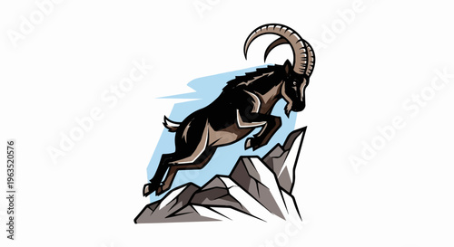 Ibex leaping across rocky mountain peaks against a blue sky