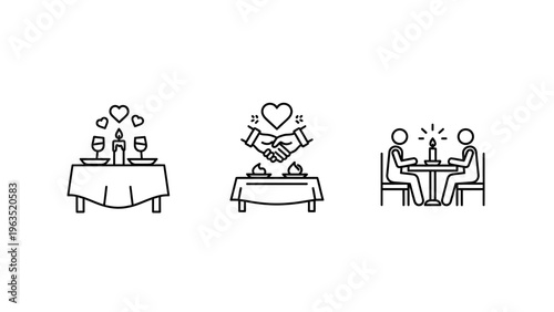 Romantic dinner date and relationship icons featuring table with candles, heart symbols, handshake over food, and couple sitting at restaurant, minimalist line art for love and social lifestyle