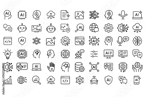 Artificial intelligence line icons set. Collection of AI, machine learning, chatbot, neural network, data processing and automation symbols in minimal outline style.