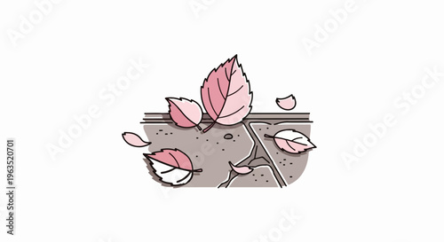 Pink leaves scattered on cracked pavement with textured ground