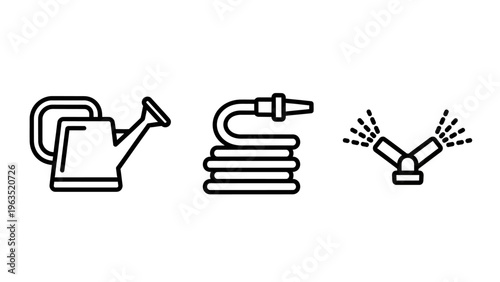 Garden maintenance and irrigation tool icons featuring watering can, rubber hose, and lawn sprinkler in clean line art style for landscaping, gardening hobby, and yard irrigation systems