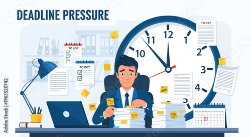 Deadline Pressure and Work Stress Concept with Businessman, Time Management, Office Productivity, Task Overload and Project Deadline Flat Vector Illustration