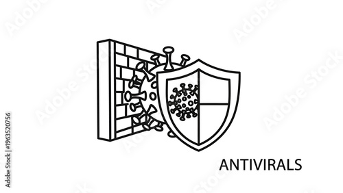 Medical antiviral concept icon illustrating a virus cell behind a protective shield and brick wall barrier for health, safety, and disease prevention, black and white minimalist outline vector art