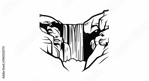 Stark black and white illustration of a cascading waterfall between rocky cliffs