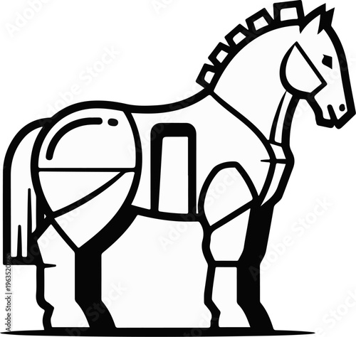 Stylized black and white depiction of a Trojan horse
