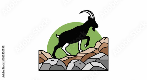 Silhouette of a goat climbing a rocky incline against a green circle