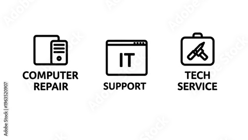 It computer repair, technical support, and tech service icons featuring desktop hardware, browser window, and tools for business maintenance and software troubleshooting isolated on white background
