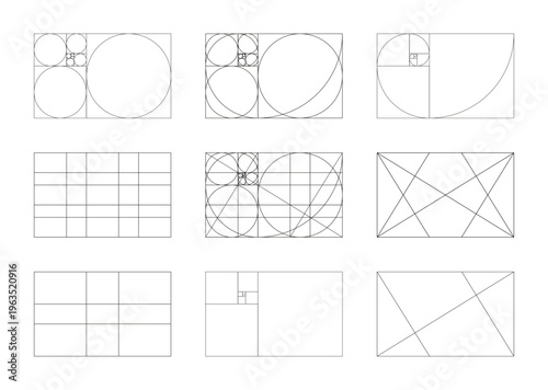 Golden ratio layout. Method golden section frames. Fibonacci array, numbers templates set. Harmony proportions outline black grid.