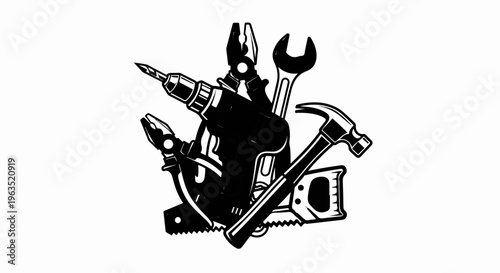 Stylized black and white illustration of assorted construction and repair tools