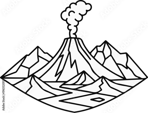 Stylized depiction of an erupting volcano with surrounding mountains and a river