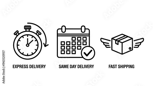 Set of three linear icons representing express delivery, same day delivery, and fast shipping for logistics, transport, and e-commerce business services, e commerce