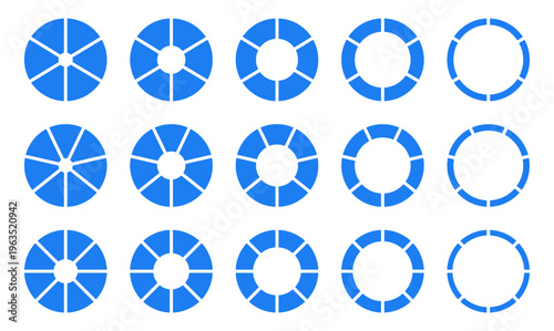 Circle division on 6, 7, 8 equal parts. Infographic wheel round divided blue diagrams six, seven, eight segments. Coaching blank. Section flat graph. Set of pie, pizza chart icons. Donut empty charts.