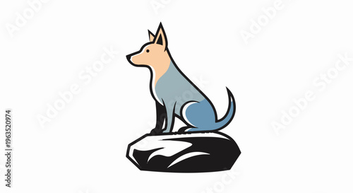 Stylized dog sitting alertly on a dark, angular rock formation