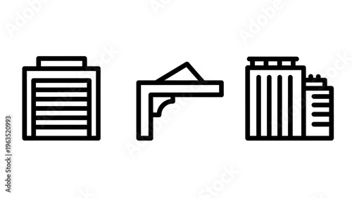 Set of real estate and architectural icons featuring storage unit, building frame, and commercial structure in a clean minimalist line art style for construction and development project graphics