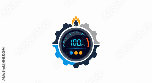 Digital pressure gauge with gear motif and flame above