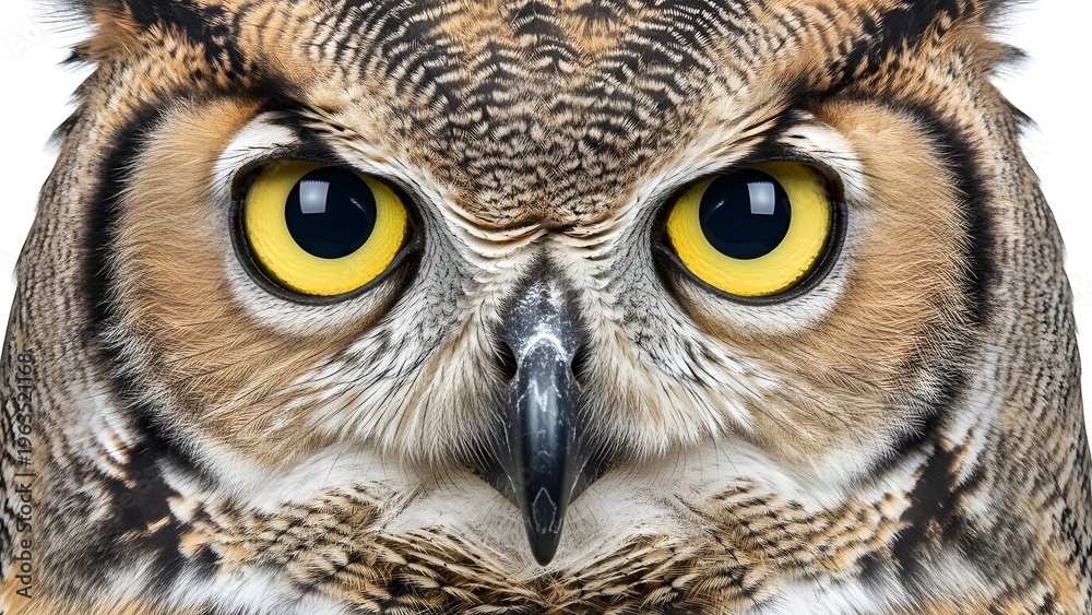 Fototapeta premium Close-up of a brown owl with yellow eyes looking directly at the camera